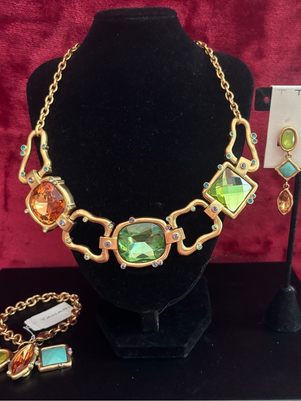Tahari Gold-Tone Necklace with Green and Amber Stones